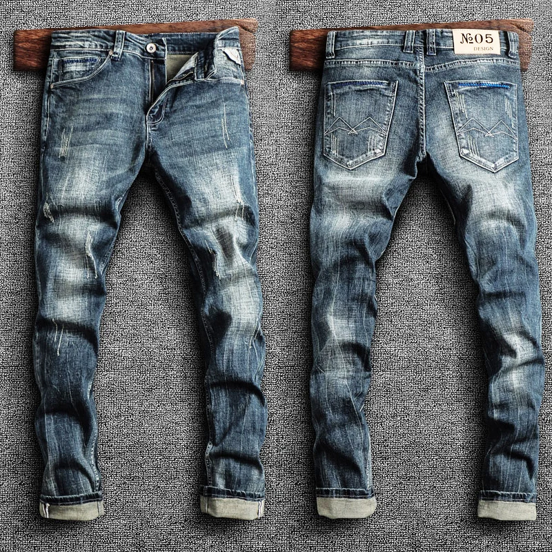 Italian Style Fashion Men Jeans Retro Blue Elastic Slim Fit Ripped Jeans Men Trousers Vintage Designer Casual Denim Pants Hombre