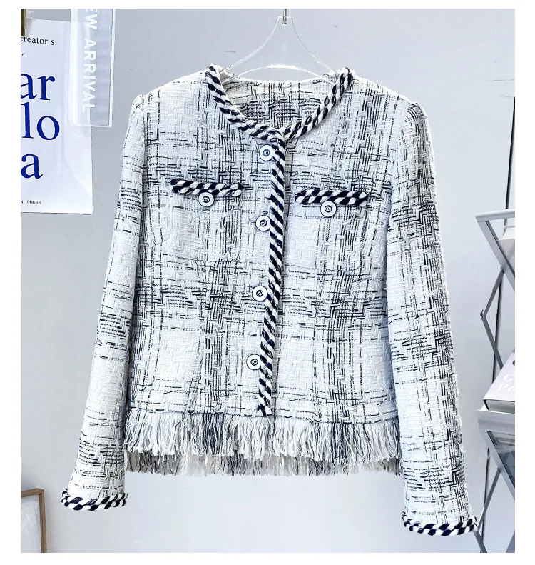 

Демисезонные Новые дизайнерские женские твидовые куртки B441 высокого качества в клетку с бахромой