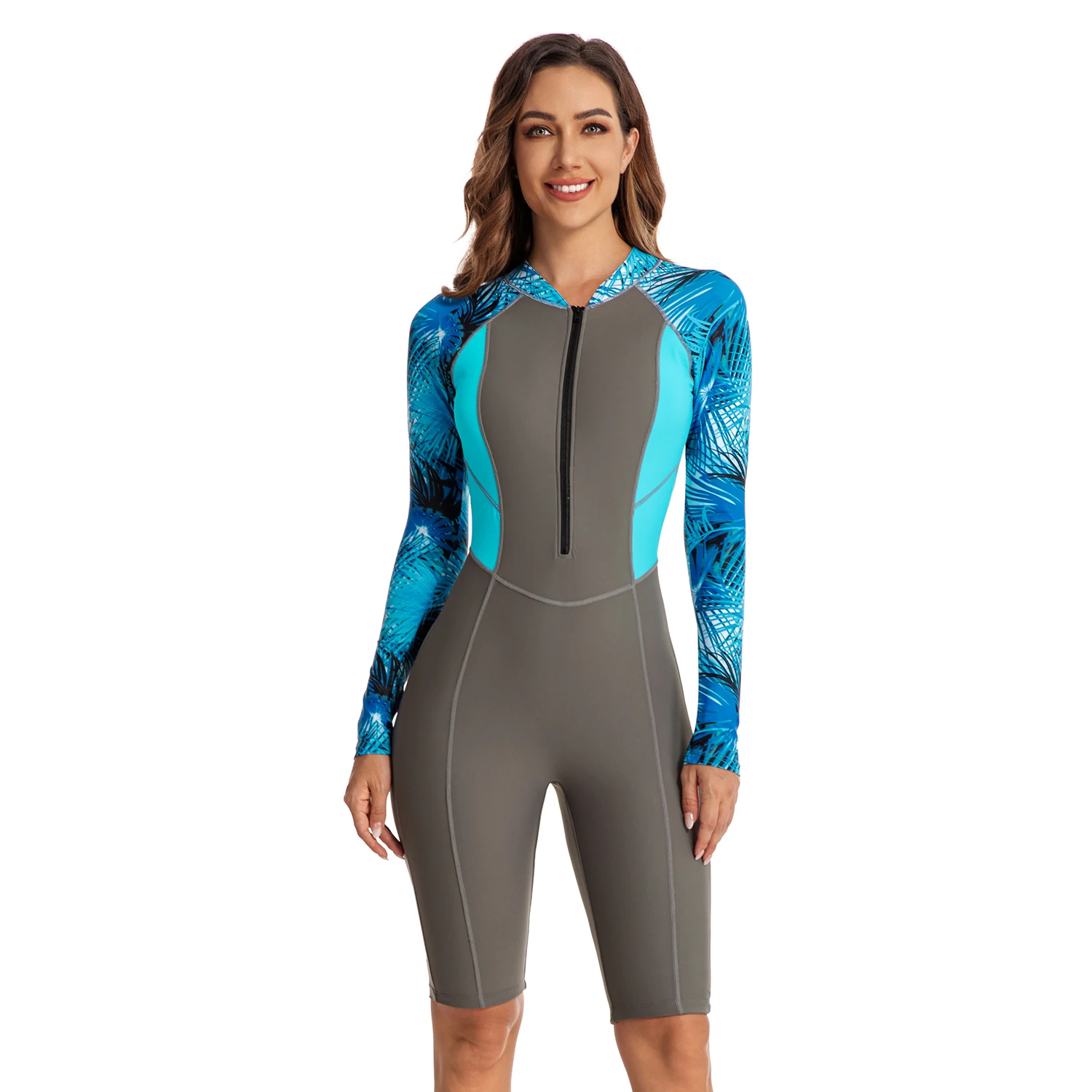 

Women’s Rash Guard One Piece Long Sleeve Printed Surfwear with Zipper Crew Neck and Knee Length Surfing Swimsuit Bathing Suit