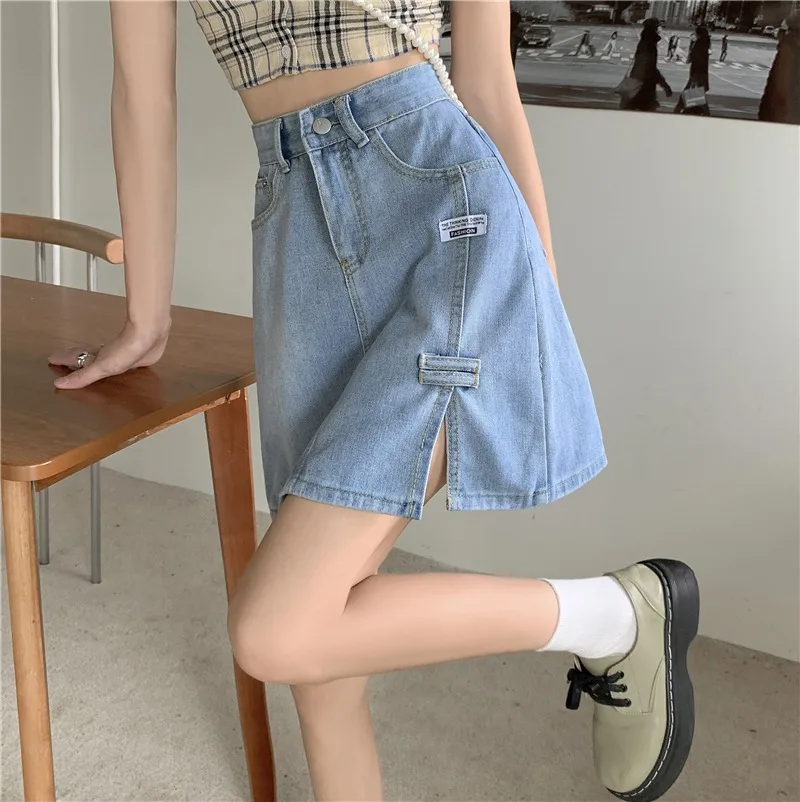 

Skirt Women's Fashion 2022 Summer Hot Girl Denim Skirt Women's Plus Size Design Niche Side Slit High Waist A-line Skirt
