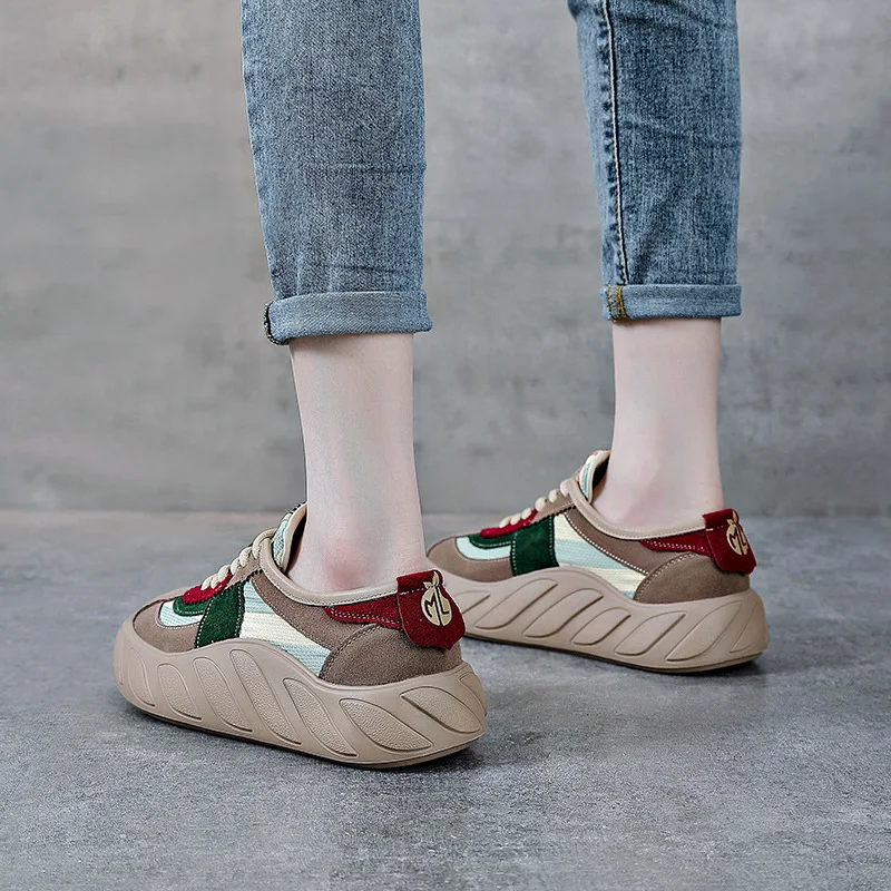 Autuspin Nubuck Leather Vulcanized Shoes Ladies Spring Autumn Retro Women Casual Chunky Sneakers Outdoor Cross Tied Sneaker 4cm