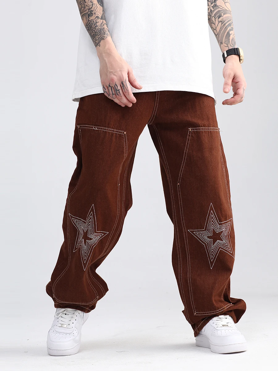 Brown Mid Waist Loose Embroidered Jeans Men's Latest Design Star Hip Hop Jeans Straight Loose Boyfriend Pants Y2K INS Hot Sale