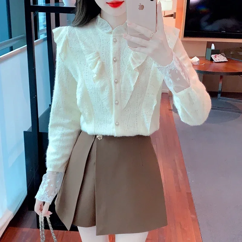 Зимняя модная женская рубашка с рюшами и длинными рукавами бархатная утепленная