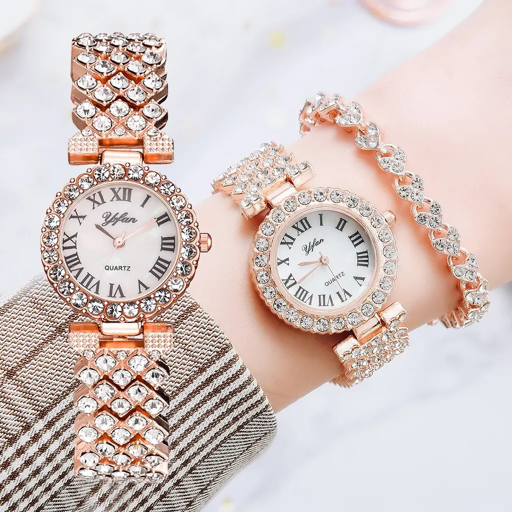 Women Rose Gold Watch Fashion Ladies Quartz Diamond Wristwatch Elegant Female Bracelet Watches 2pcs Set Reloj Mujer