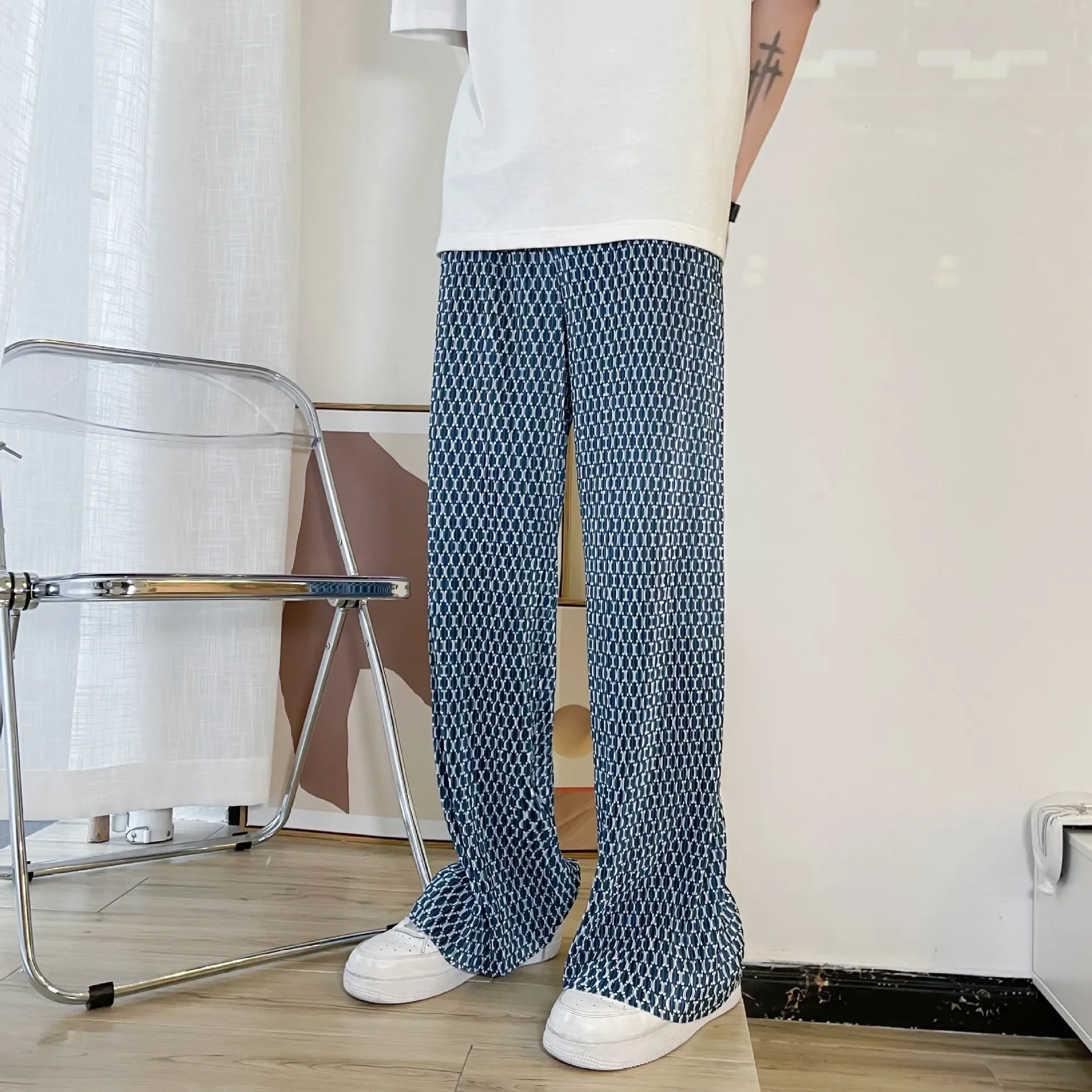 Брюки мужские с оборками легкие штаны из ледяного шелка свободные прямые узором