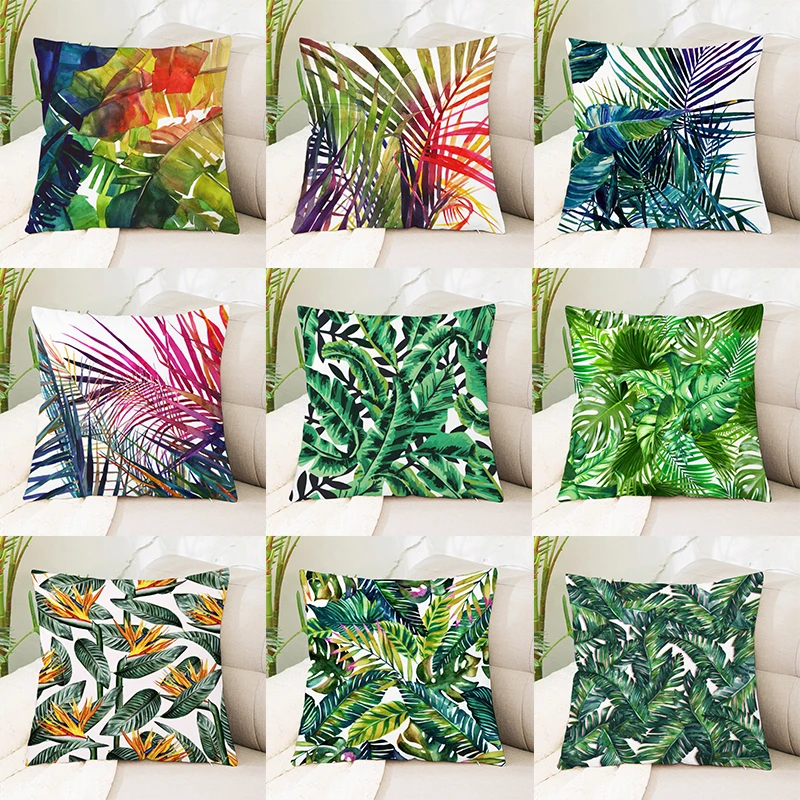 

45X45CM Tropical Plants Cushion Cover Green leaves Printing Decorative Pillowcase Peach Skin Tropical Plants Throw Pillowcase