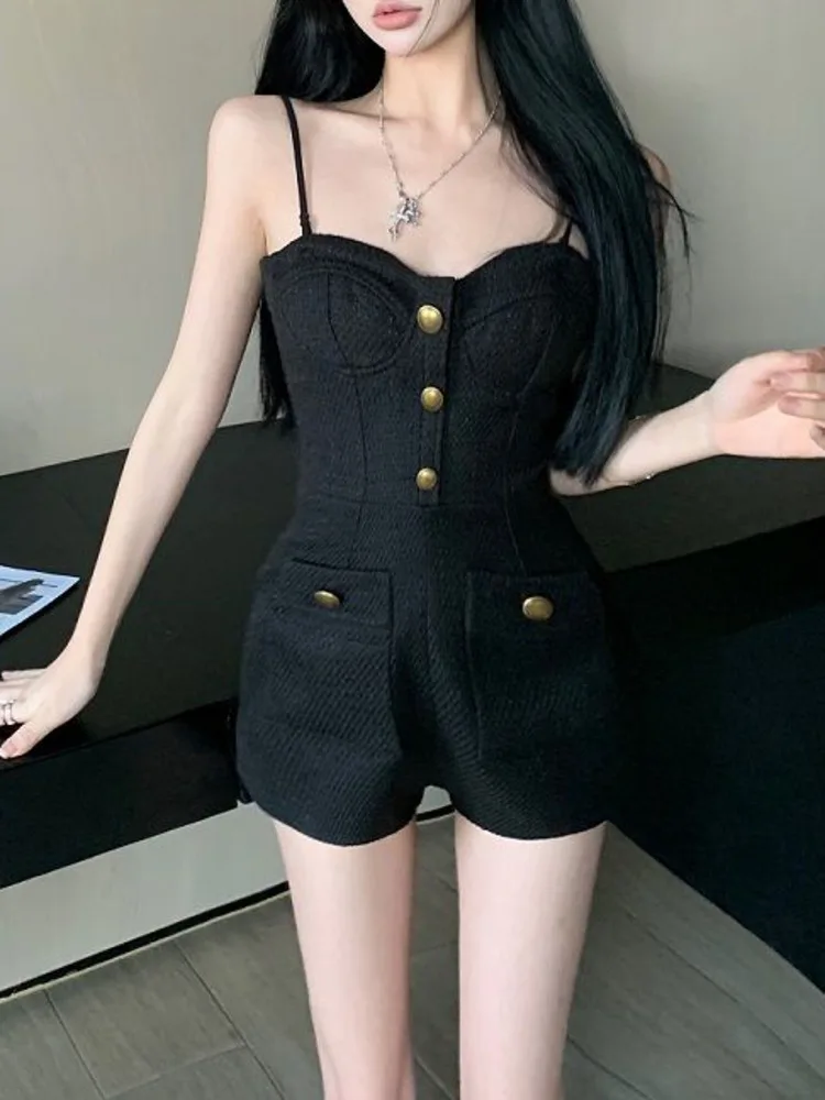 Женский твидовый облегающий костюм черный пиджак с подтяжками из двух предметов