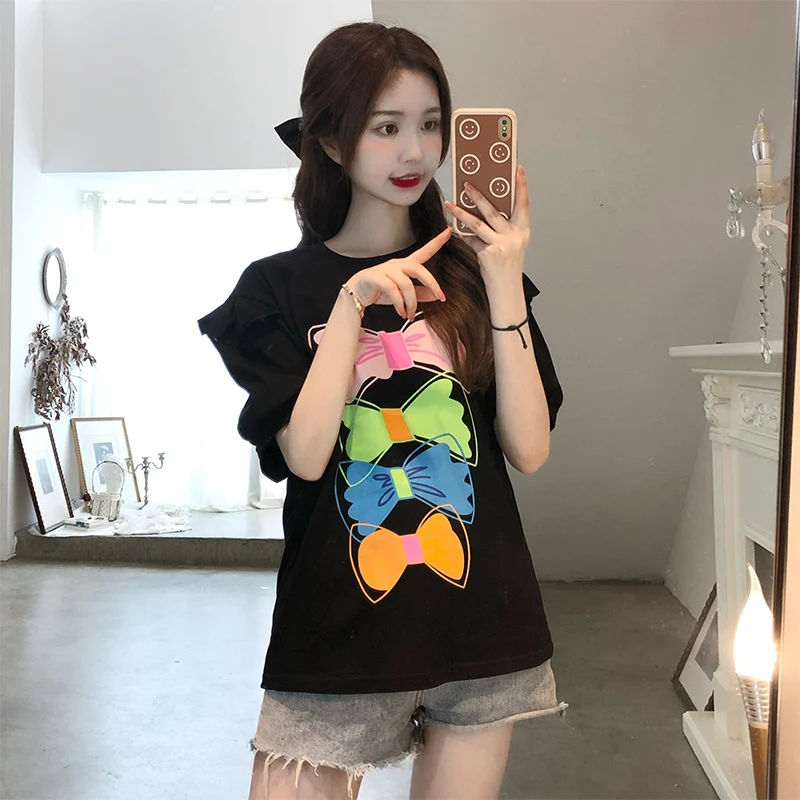 

Женская летняя футболка с коротким рукавом и бантом