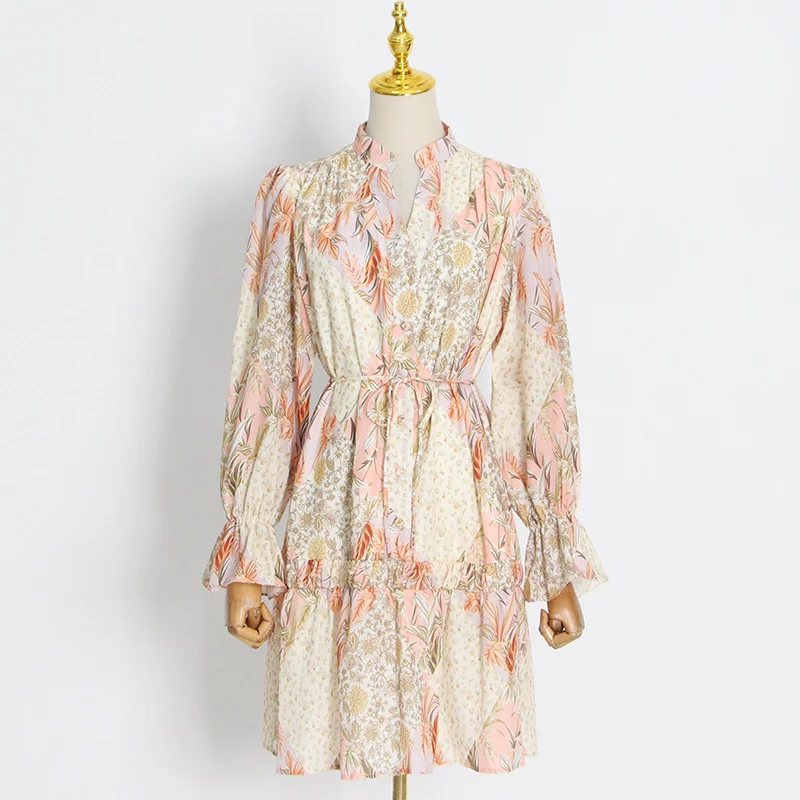 

SeeBeautiful Simple Flower Printed Sttiching Loose Dress Stand Flare Sleeve Single Breasted Women 2022 Autumn New Fashion Q775