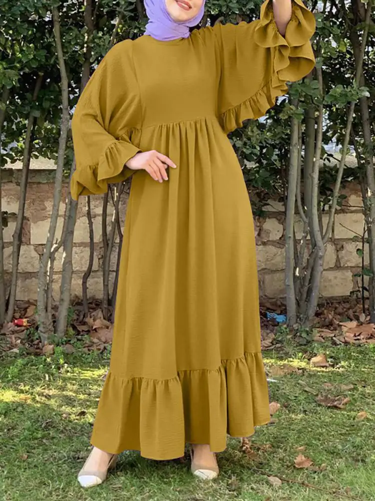 Gaun Abaya Muslim Ramadhan untuk Wanita Dubai Abayas Gaun Hijab Berlengan Kerutan Turki Pakaian Kaftan Afrika Islami Vestidos