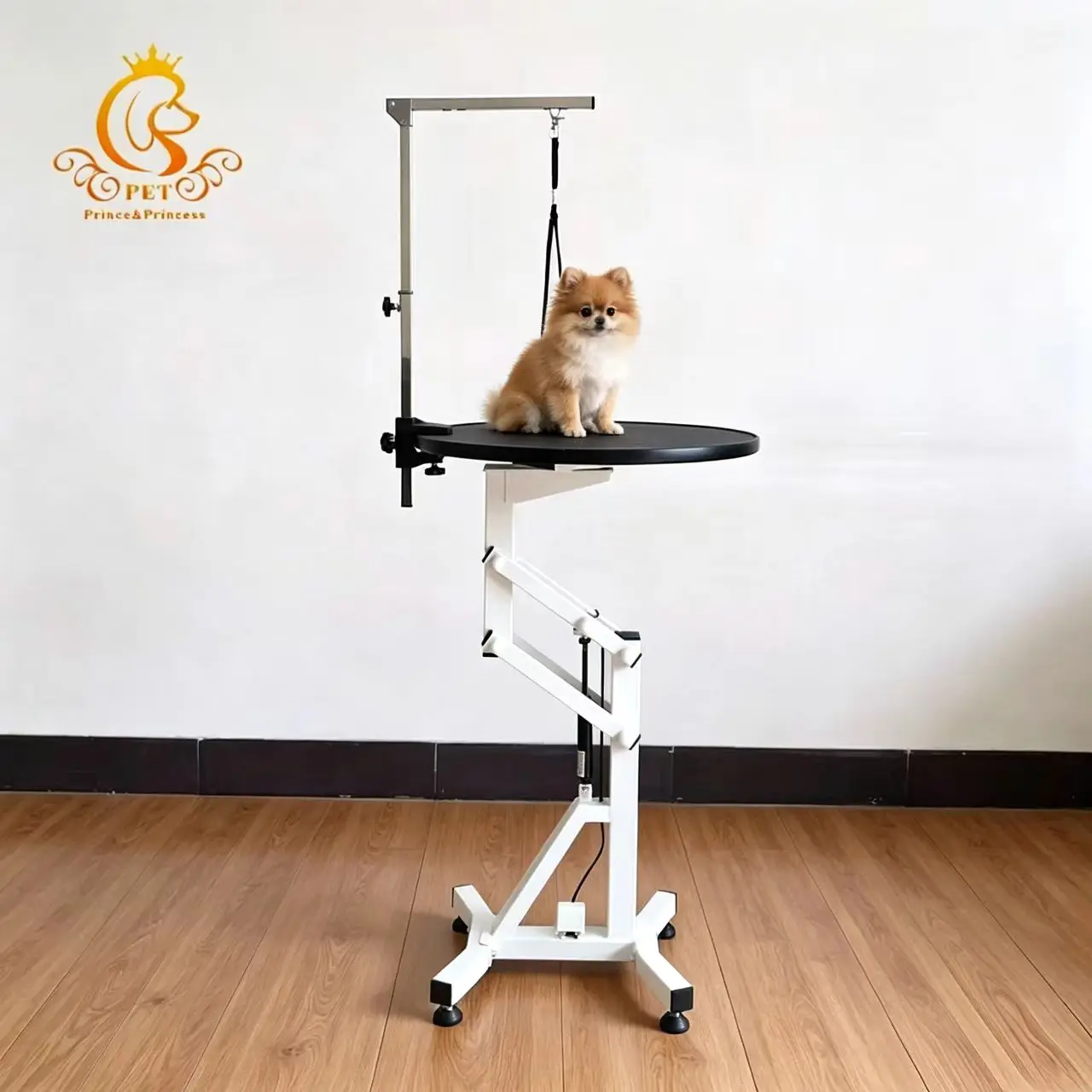 Фото Электрический подъемный стол для груминга собак с круглой столешницей и железной подставкой для инструментов, с питанием от зарядки №1