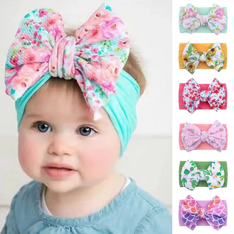 New Children's Big Bow Nylon Hair Band Soft Elastic Hair Adornment Baby Headband Baby Printed Headband Newborn Baby Turban INS