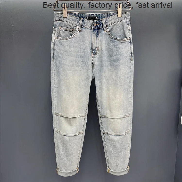 

High quality luxury brand 2023 Fashion Luxury Brand Men Spring Summer Light Blue Casual Straight Slim Stretch Denim Trousers Thi