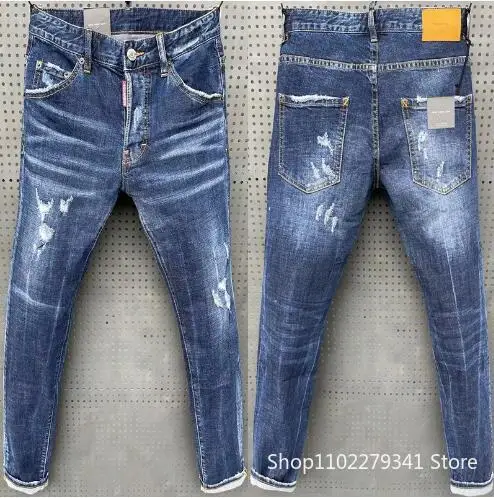 

Men Ripped Skinny Denim Jeans Blue Holes Jeans Italian Style Stretch Denim Pants High Quality Male Slim Fit Denim Trousers 38