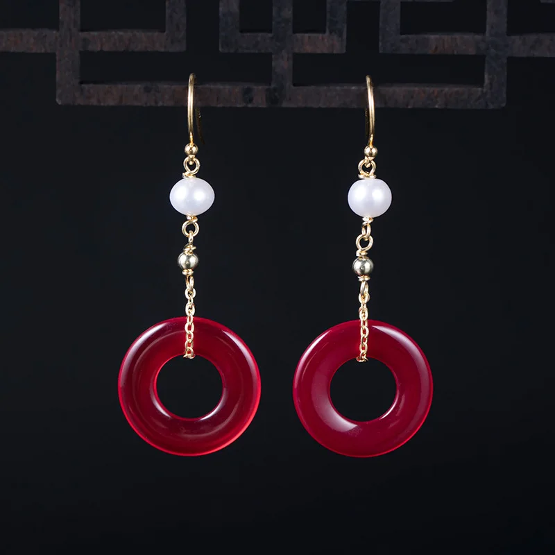 

s925 sterling silver Vintage red agate safety buckle hollow earrings ladies handmade diy pearl short ear hooks
