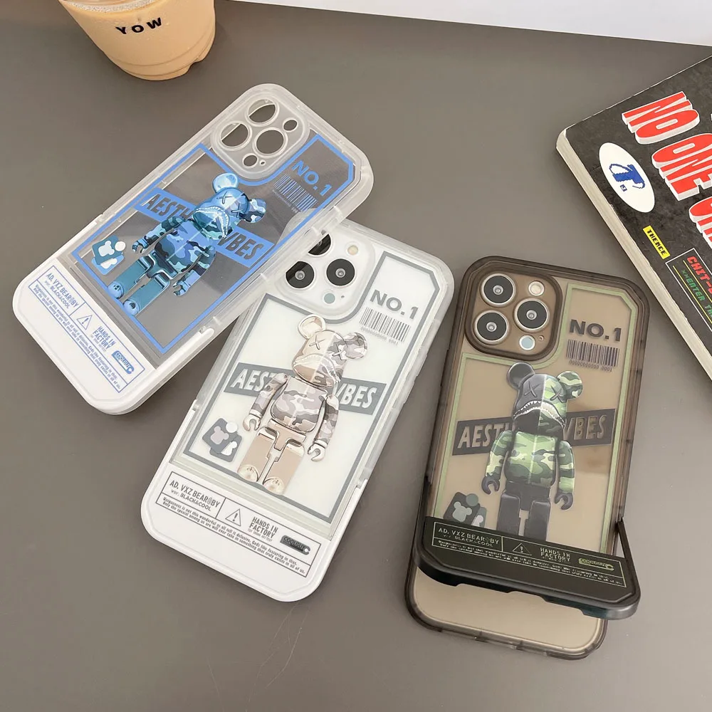 

Fashion Violent Bear Phone Holder Case For iPhone 13 12 11 Pro XS Max X XR 8 7 Plus Folding Invisible Stand Holder Cover Cases