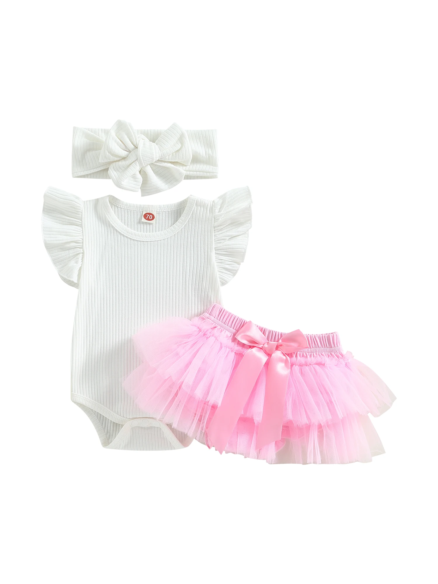 

Toddler Baby Girls 3Pcs Summer Outfits Fly Sleeve Ribbed Romper Tutu Shorts Headband Clothes Set