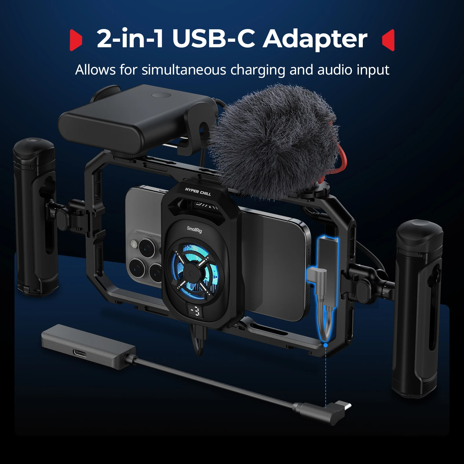 Фото Универсальная охлаждающая клетка для мобильного телефона SmallRig для смартфонов iPhone 17 16/Android с аудиоадаптером USB-C 2-в-1, держатель Power Bank №5