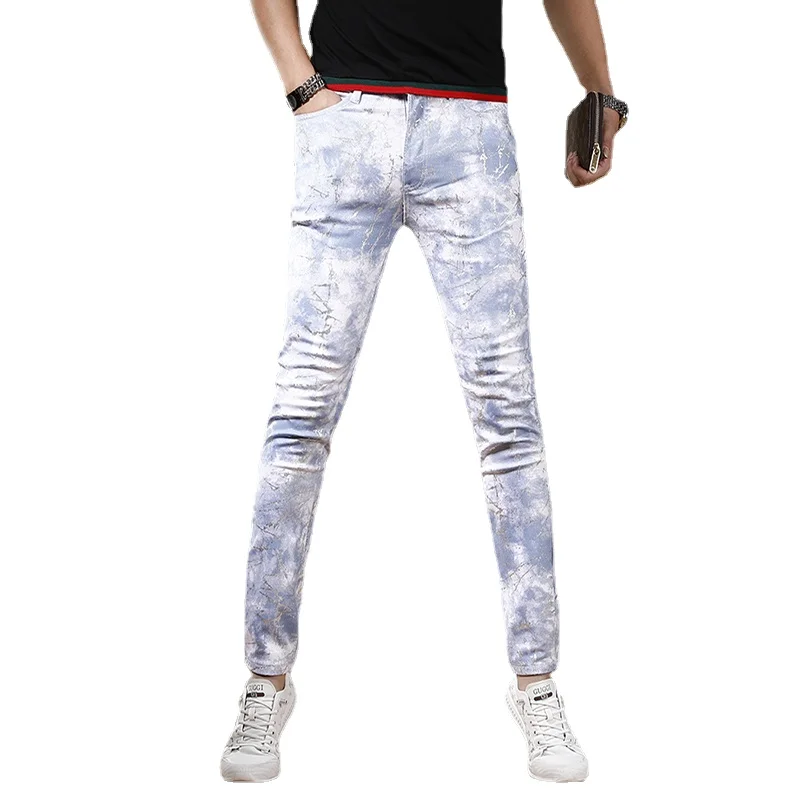Summer Men White Blue Jeans Fashion Casual Slim Fit Straight Pants Streetwear Digital Printing Denim Trousers