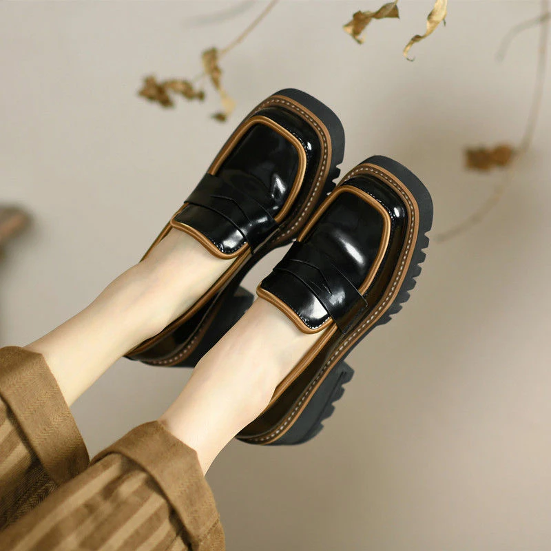 Thick Sole Single Shoes Women Spring Retro Square Toe Shoes Women Fashion Loafer Women Slip-on Shoes British Shoes Female