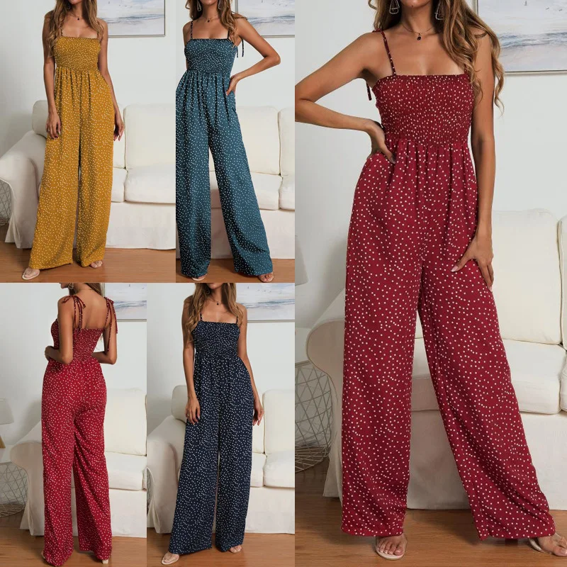 2022 Rompers Womens Jumpsuit Streetwear Polyester Wide Leg Summer Female Jumpsuits Elegant Party Beach Wear Clothing Red Pants