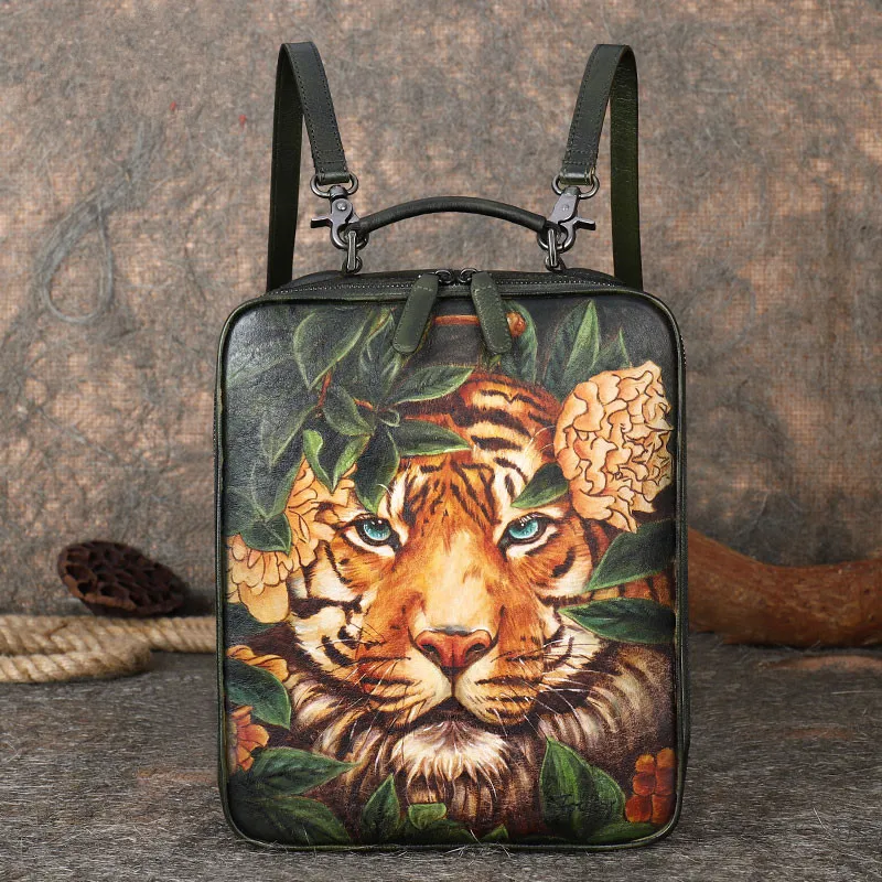 

Genuine Leather Women Backpack Hand-painted Female Small Backpacks New Original Design Tiger School Girl Vintage Computer Bags