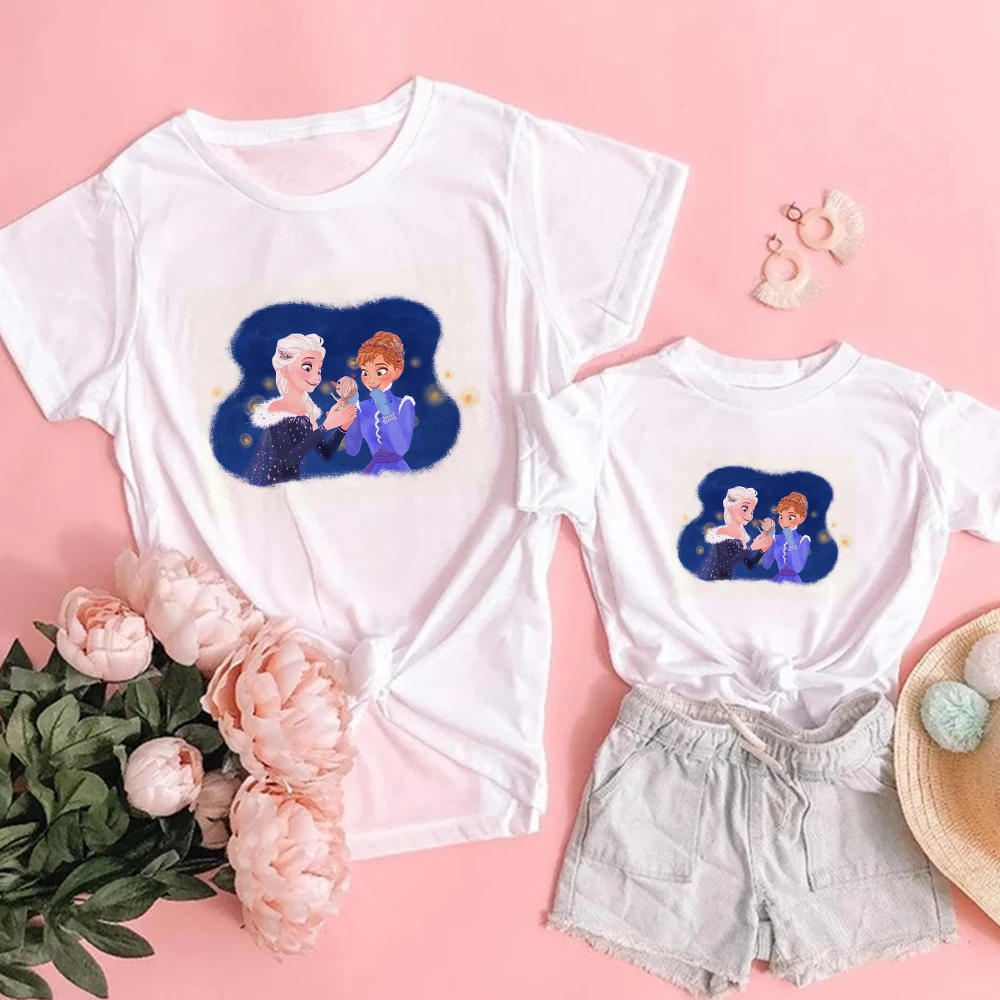 

Frozen Anna and Elsa Mom and Baby Girl Matching Clothes Summer 2022 Short Sleeve Family Look Twins Shirt Disney Top Brand Cute