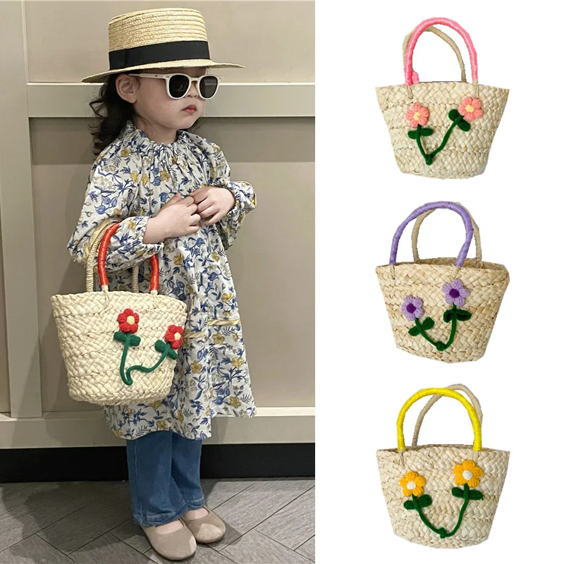 

New Kids Straw Bag for Girls Handbags Weave Flowers Summer Beach Travel Baby Girls Bag Children Accessories