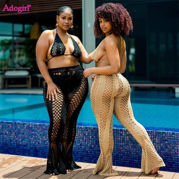 Adogirl Hand Crochet Knitted Two Piece Set Women Sexy Summer Beach Vacation Outfits Lace Up Bra Top Hollow Out Flare Pants Suit 1