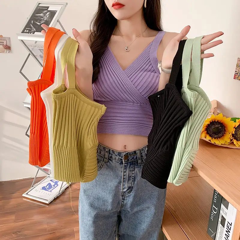 

Spaghetti Strap White Ribbed Cropped Tank Tops For Women Cute Tiny Knitting Cami Green Halter Summer Tees Ropa Para Mujer Camis