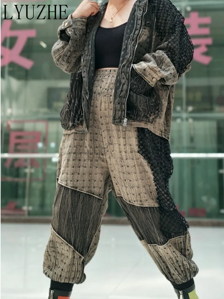 

LYUZHE 2023 Spring Autumn Trend Fishing Net Design Hooded Denim Coat Personalized Loose Distressed Tunic Jeans For Women LWL700