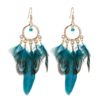 s2569 bohemian fashion jewelry womens feather tassels dangle earrings retro female ornaments colorful feather earrings