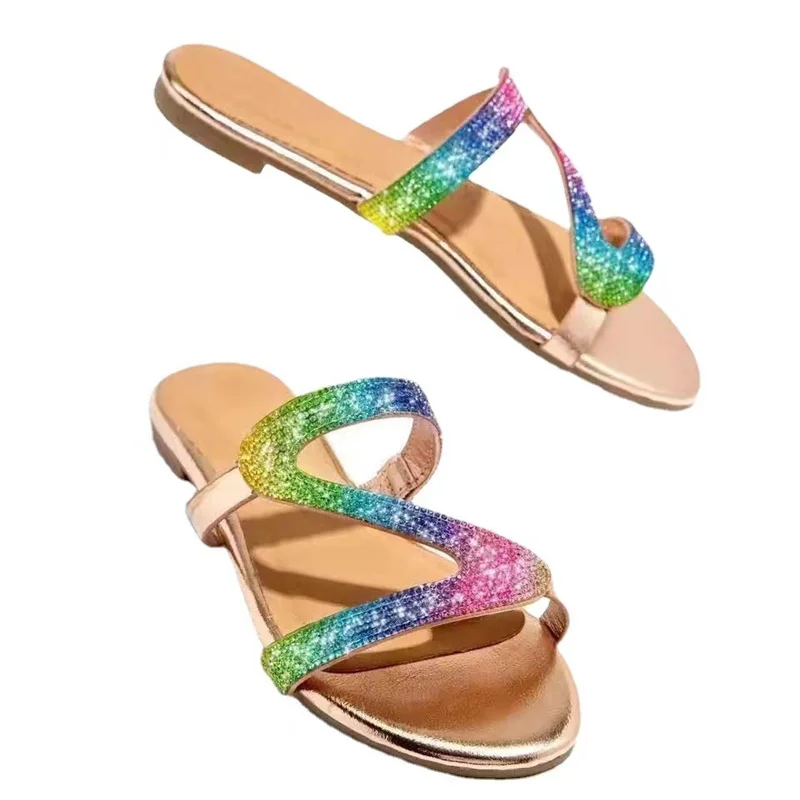 2023 Summer New Women's Shoes Fashion Flat Rhinestone Sandals Open Toe Slippers Outdoor Leisure Beach Slippers Plus Size 43