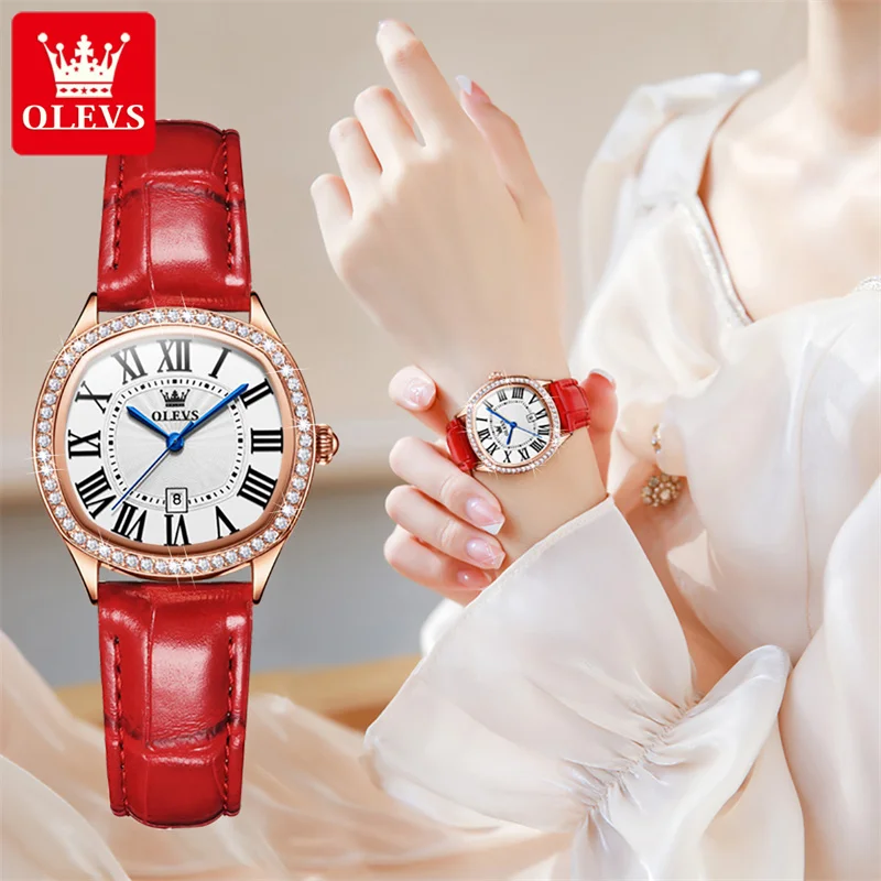 OLEVS Rose Gold Diamond Women Watches Ultra-thin Luxury Fashion Ladies Quartz Watch Roman Dial Red Leather Reloj Mujer New