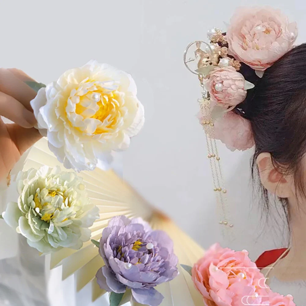 

Headdress Disk Pearl Colorful Hairpin Hair Luxuriant Hanfu 3 Hairgrip Classic Set Peony Flower Artificial Pcs Silk