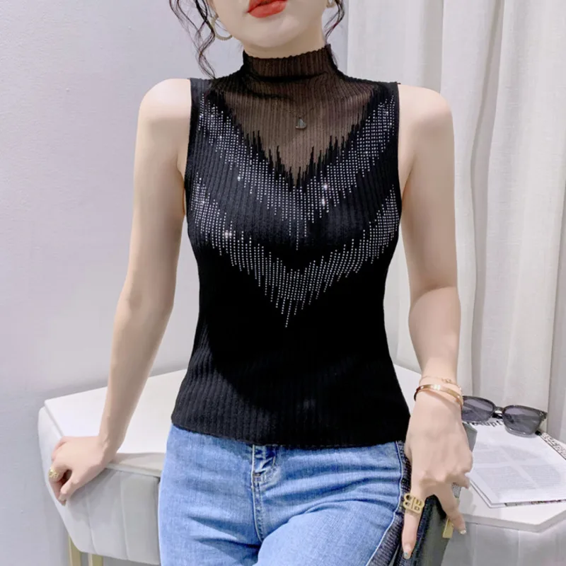 

#5353 Summer Sleeveless Knitted Tank Top Women Spliced Mesh Diamonds Outerwear Sexy Short Crop Top T Shirt Femme Korean Style