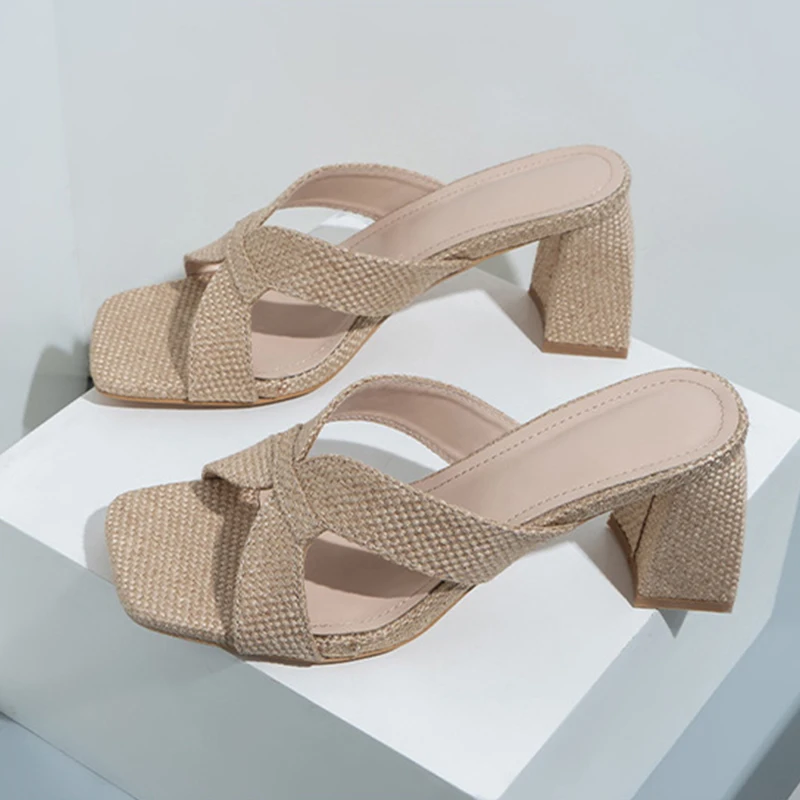 FAFA Heels Hot Linen Coarse Heel Slippers Female Summer Sandals High Heel Sandals Female Shoes Europe And The United States