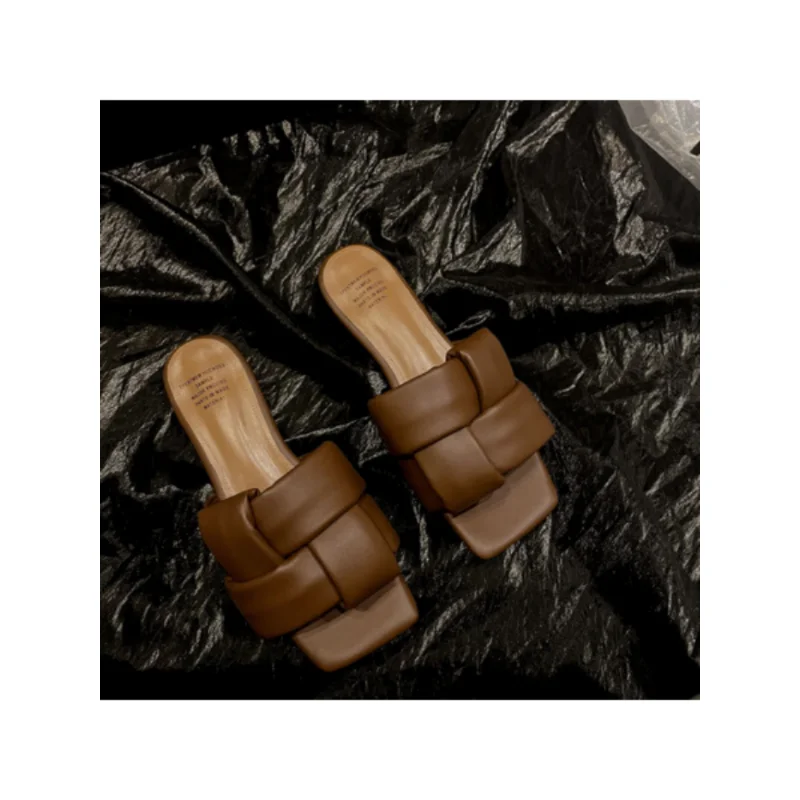 2023 Spring/Summer Colored Flat Heel Sandals Square Head Women's Heel Solid Color Slippers Women Sandals Ladies Shoes