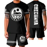 black chechnya independent flag 2 piece summer casual men t shirt and shorts suit custom short sleeved fighting tribe russia