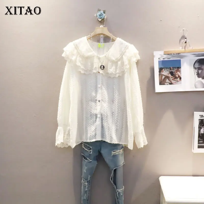 

XITAO, модная кружевная рубашка, женская, с бусинами, воротник Питер Пэн, свободная, повседневная, новый темперамент, Женский Топ, весна 2022, GWJ2965
