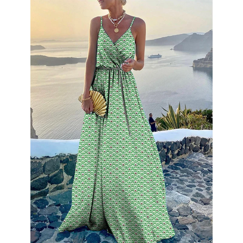 

Sexy Deep V Backless street Lady loose Solid Women Pleat Beach Long Dresses Fashion Elegant Sleeveless Sling Party Dress