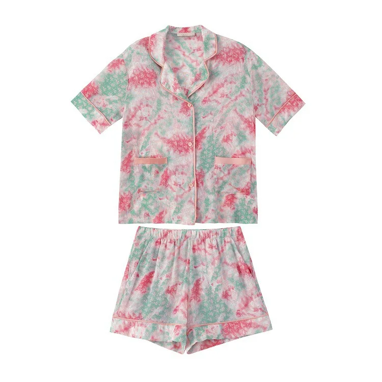 Ice silk pajamas new fashion print short-sleeved suit home wear pajamas for women  سكسي نيك  ชุดนอน