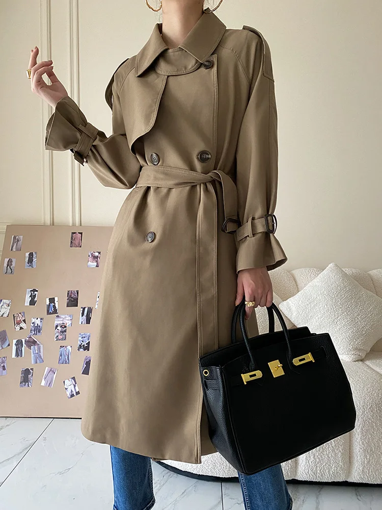 

Ailegogo Spring Autumn Women Loose Double Breasted Long Trench Coat with Belt Retro Female Turn Down Collar Windbreaker Outwear