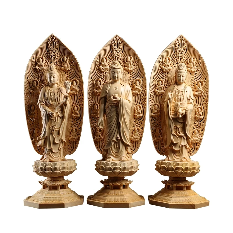 

42cm 1PC Western Three Buddha Cypress Wood Statue Feng Shui Buddha Hall Worshiping Amitabha Guanyin Bodhisattva Home Decor