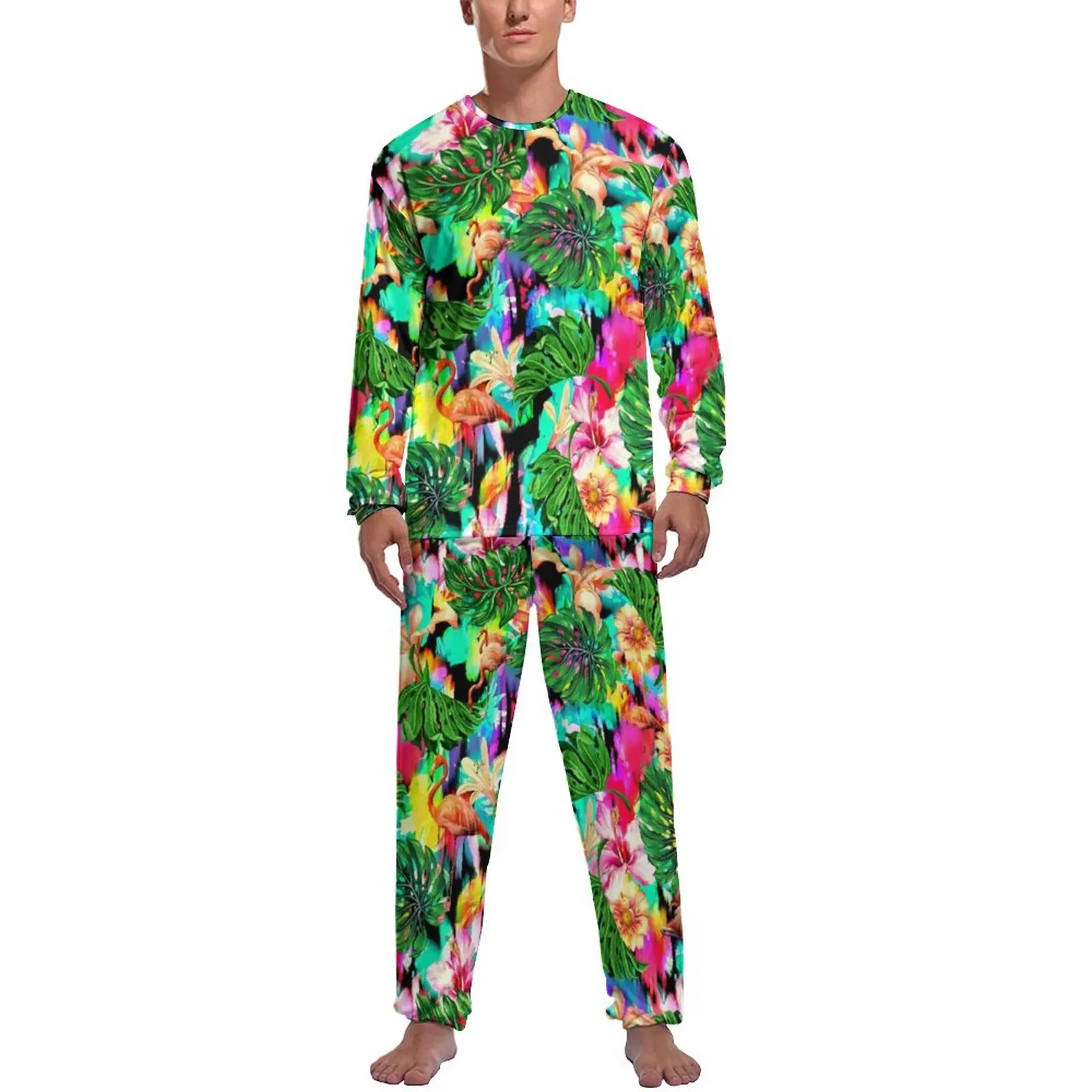 

Flamingo Print Pajamas Tropical Leaves Men Long Sleeve Romantic Pajama Sets 2 Piece Casual Daily Graphic Nightwear Gift