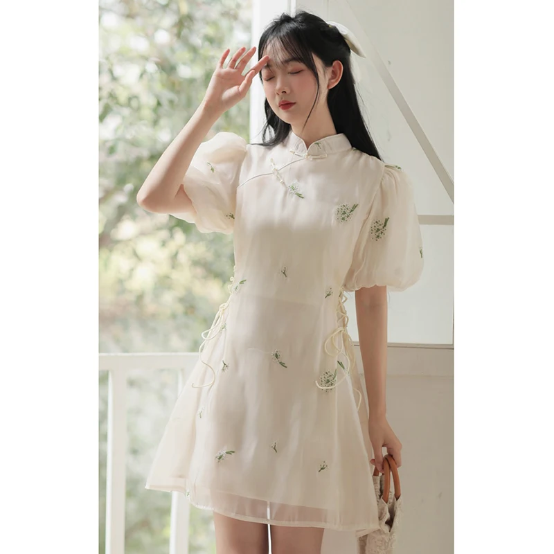 Новинка 2024 китайские винтажные платья-Ципао с пышными рукавами женское летнее