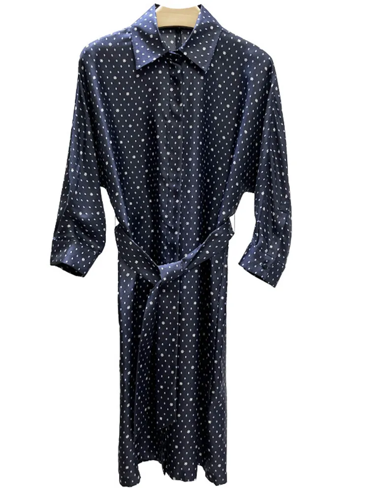 Women's Twill Polka Dot Snowflake Shirt Dress Vintage 100% Silk Long Sleeve Turn-down Collar Convered Buttons Female Robes
