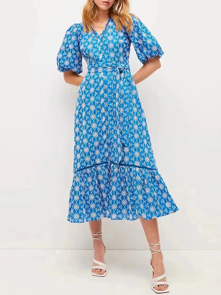 Женское винтажное платье с принтом VGH лоскутное миди V-образным вырезом пышными