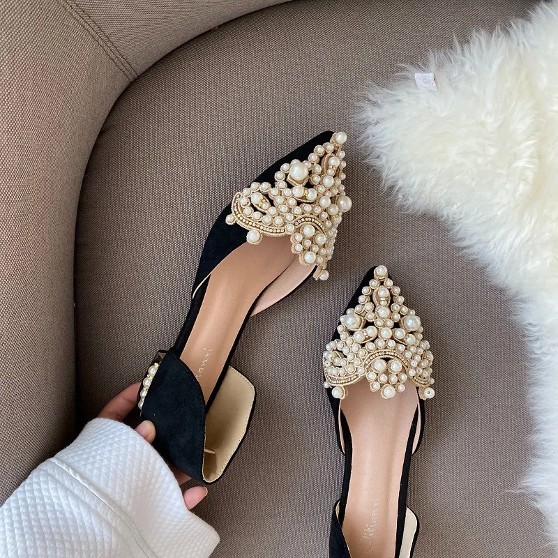 

New Crown Pearl Flats Women Wedding Shoes Pointed Toe Female Dress Moccasins Low Pearl Heel Ladies Fashion Luxury Style 35-43