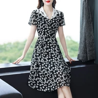 spring chiffon 2022 new print word waist summer lace lapel a line casual party clothes club vintage dress vintage